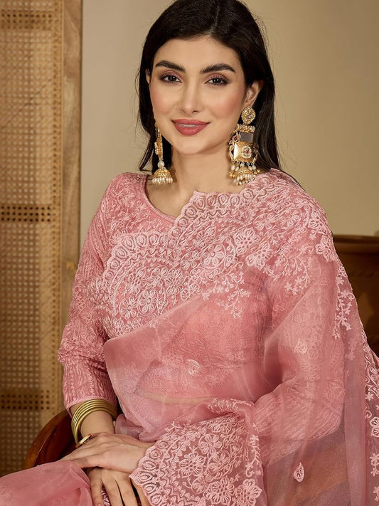 PASTEL PINK Color Organza Silk Saree