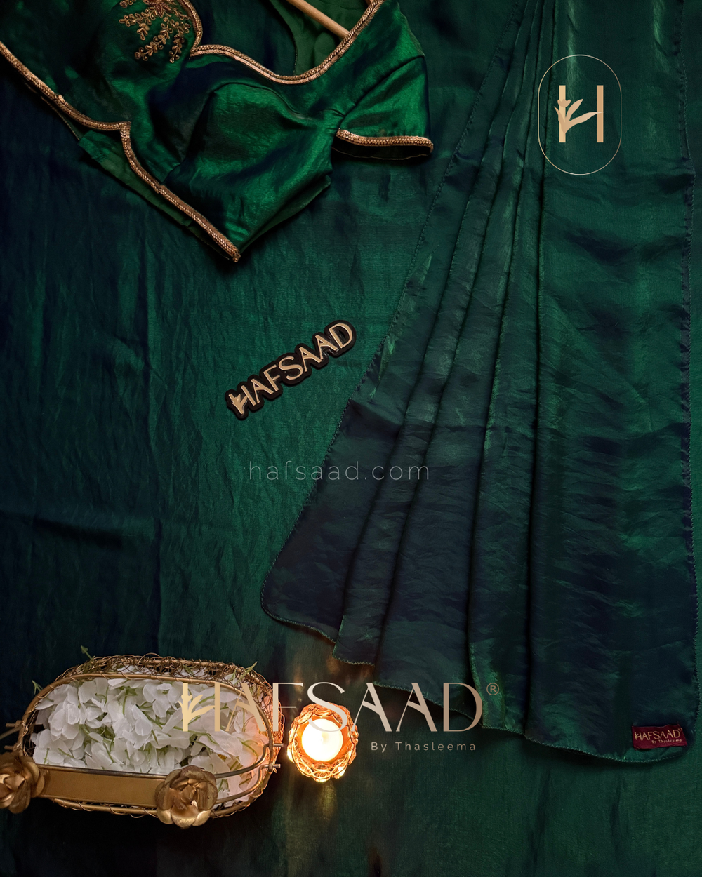 EMERALD GREEN Stardust Satin Saree paried with Same Material Blouse with Artisanal Handwork