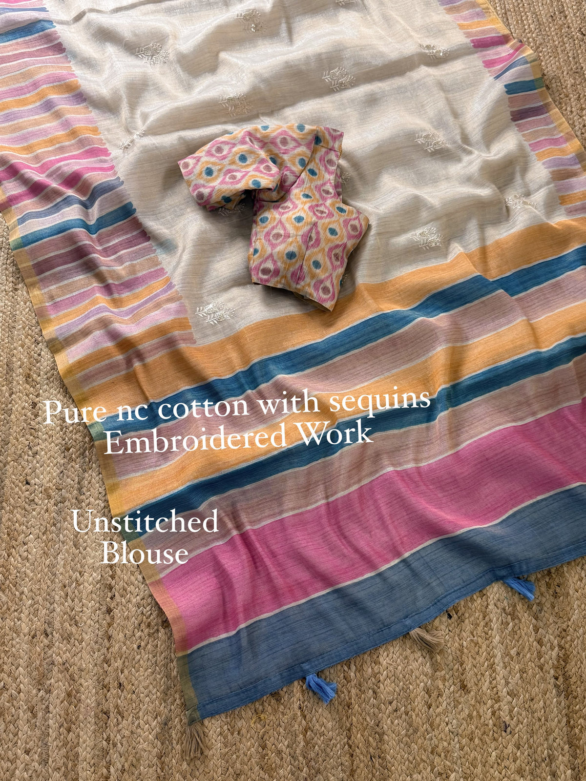 Beige and Rainbow-striped NC Cotton Saree