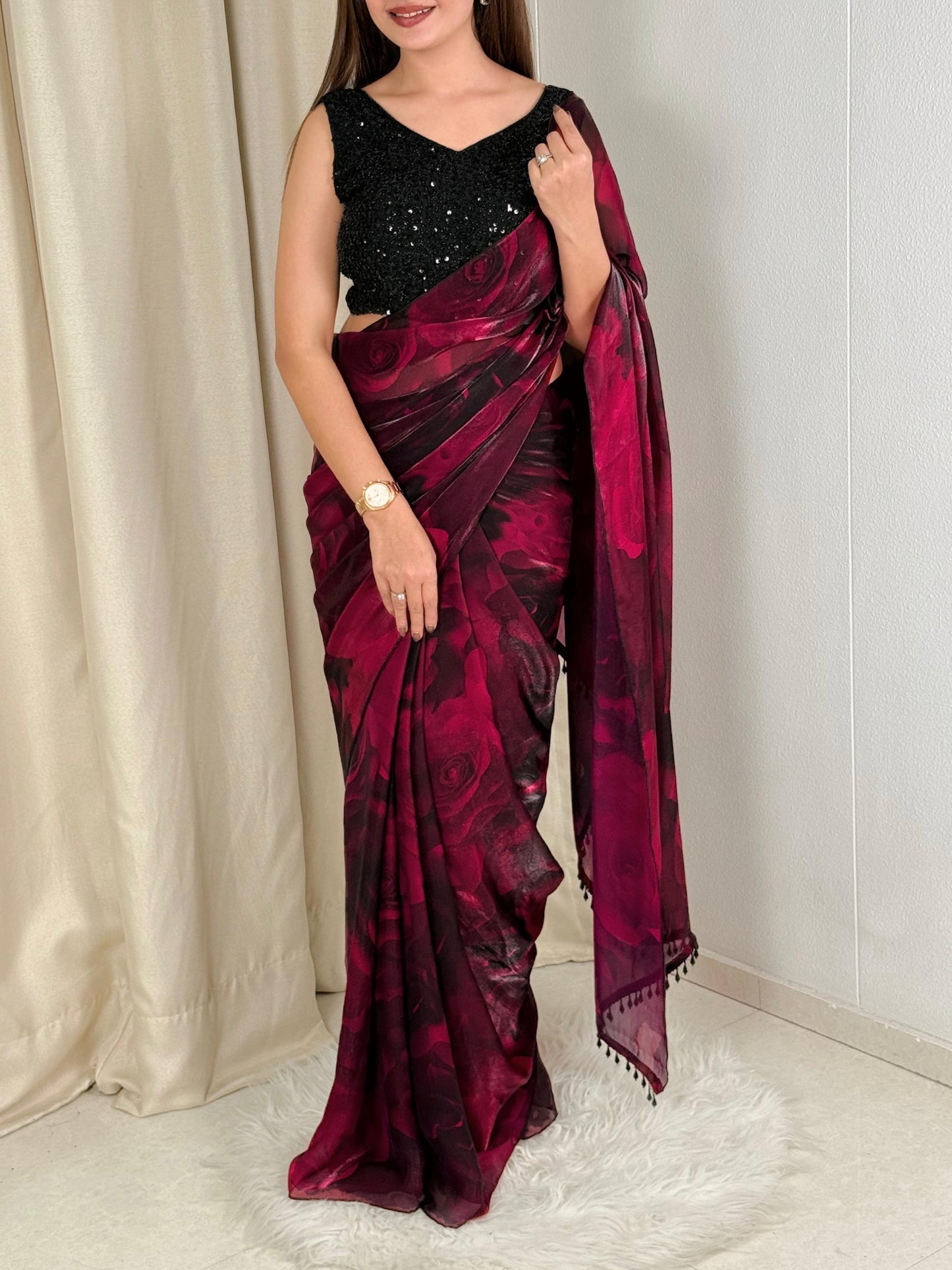 Fandy Satin floral pattern Saree with heavy bead-work blouse
