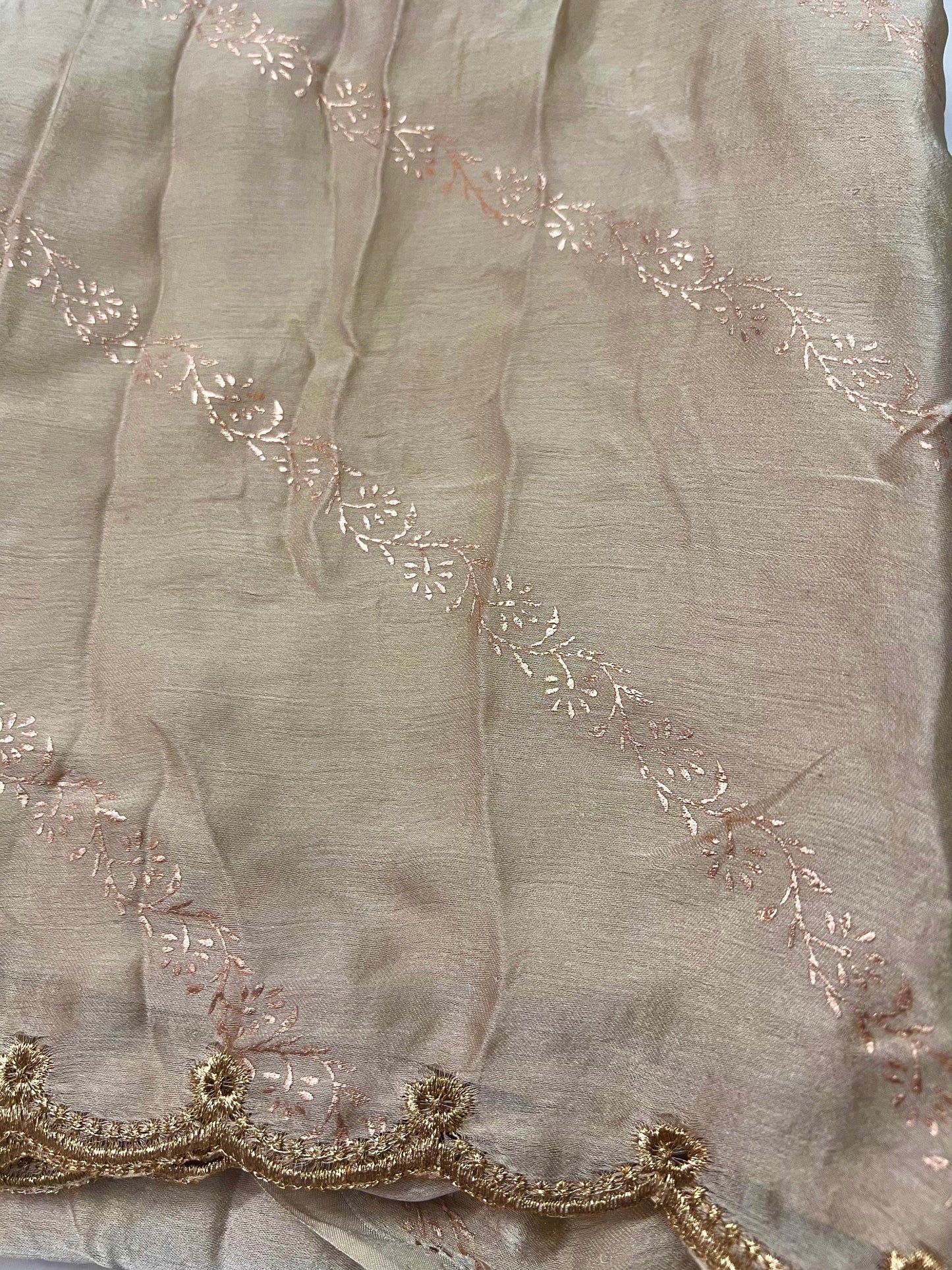 Satin Chiffon Saree with Allover Foil Print Embroidery Work Aacro Border