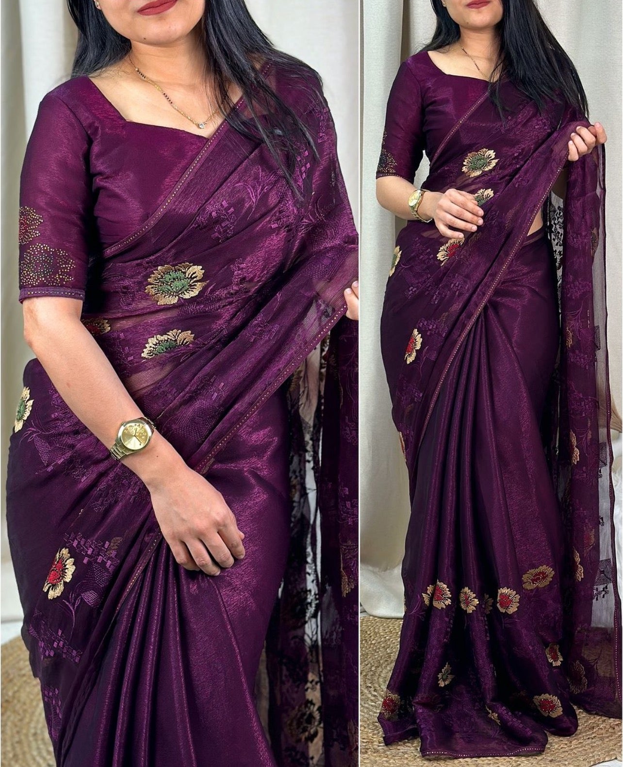 Chiffon Saree With Embroidery and Swarovski Work