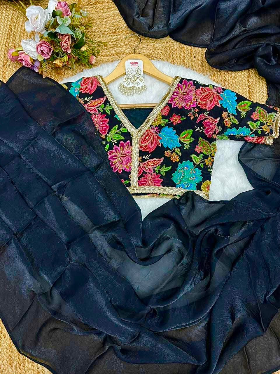JET BLACK Color Fendi Silk Saree with Vibrant Multicoloured Floral Embroidery Blouse Piece
