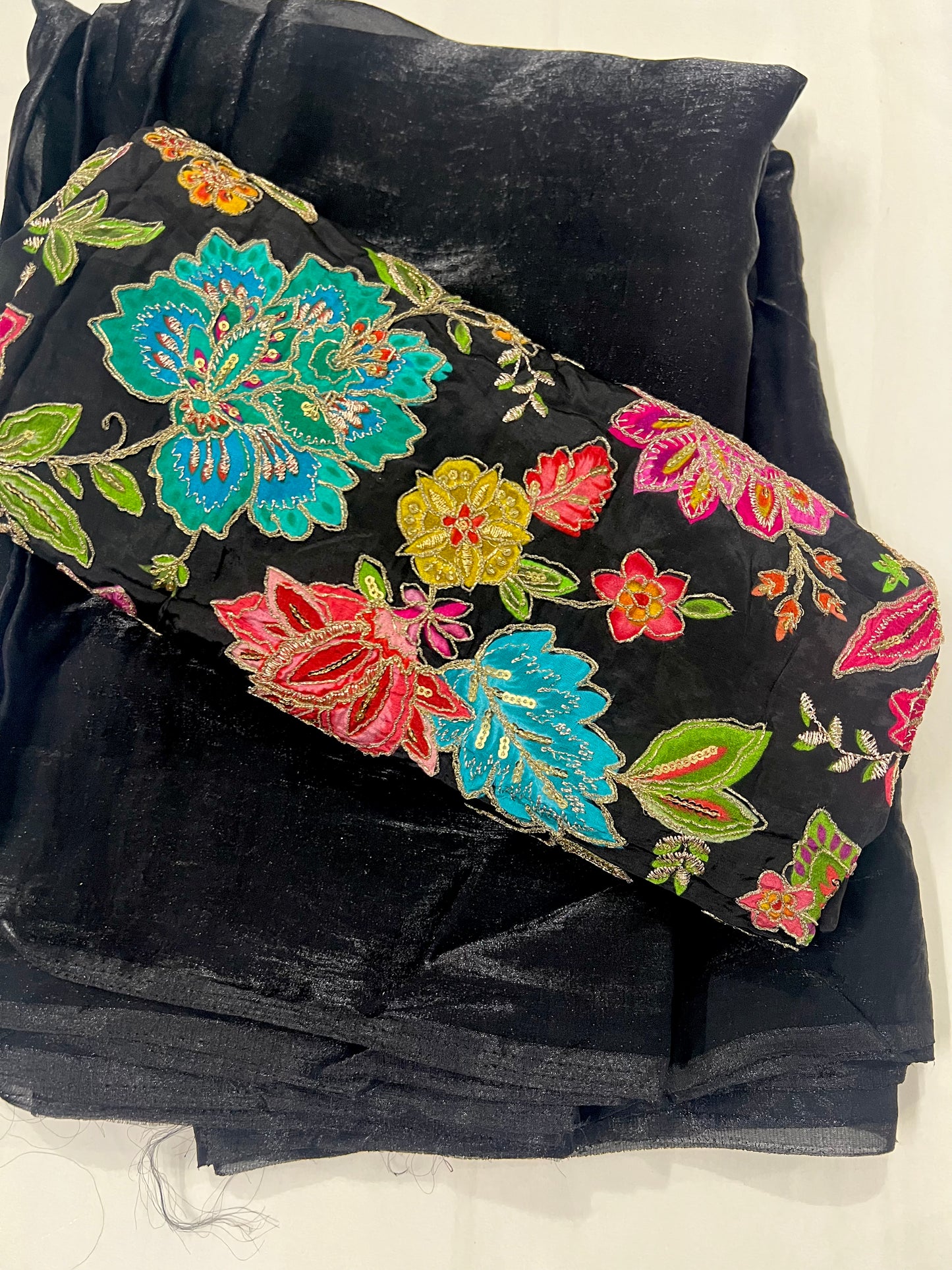 JET BLACK Color Fendi Silk Saree with Vibrant Multicoloured Floral Embroidery Blouse Piece