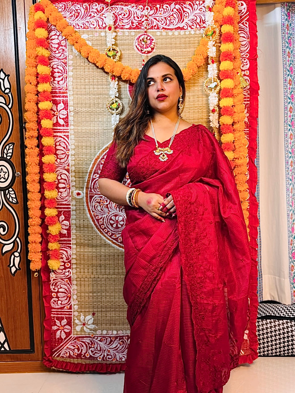 RUBY RED Industrial Kota Chex Embroidery Saree