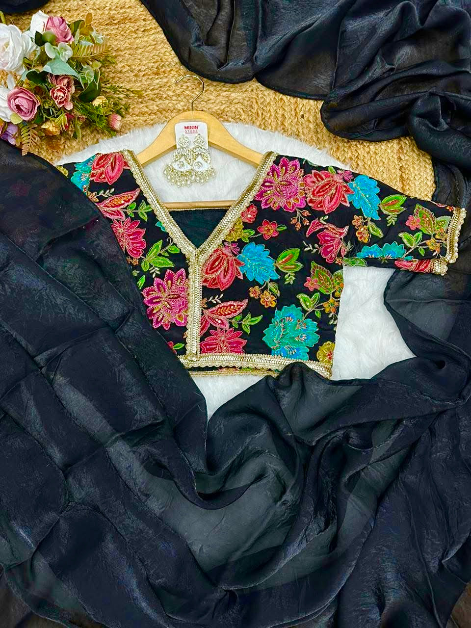 JET BLACK Color Fendi Silk Saree with Vibrant Multicoloured Floral Embroidery Blouse Piece