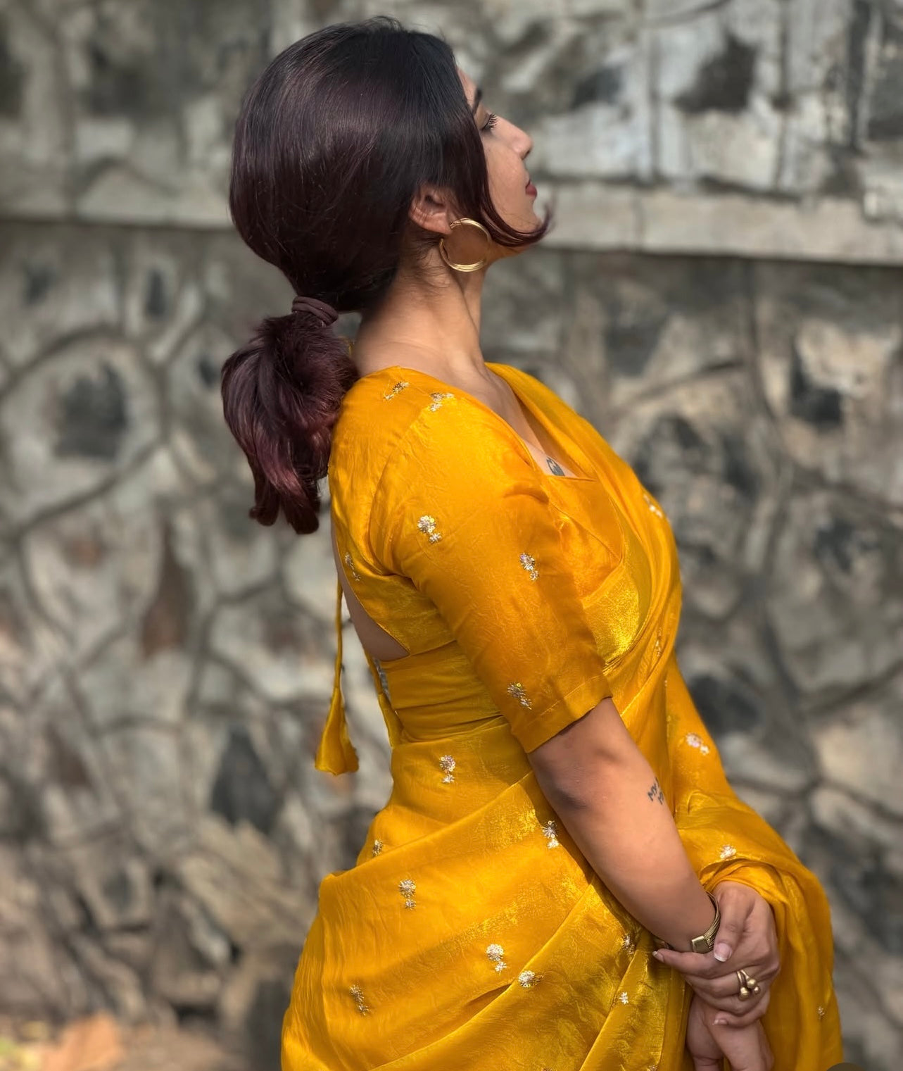 MUSTARD YELLOW Color Stardust Satin Saree