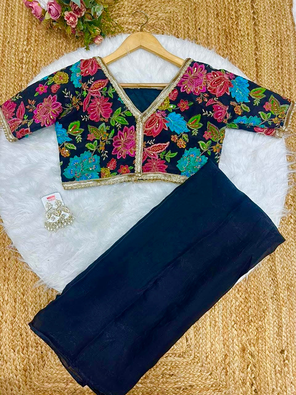 JET BLACK Color Fendi Silk Saree with Vibrant Multicoloured Floral Embroidery Blouse Piece