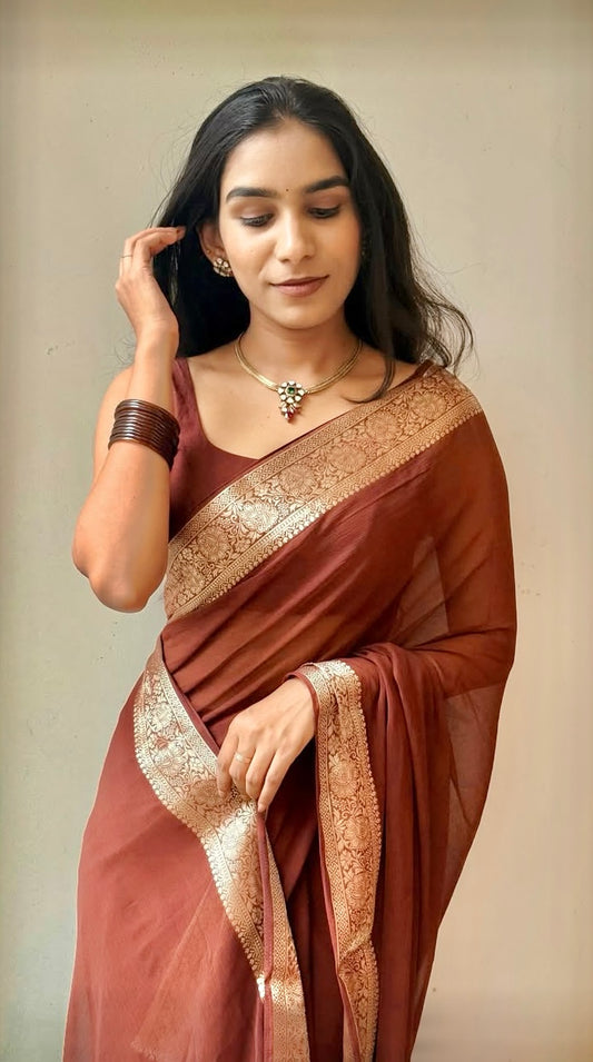 BURNT UMBER Color Elegance Chiffon Saree