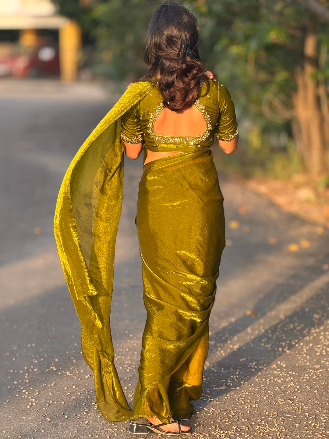 Olive Tone green space silk saree