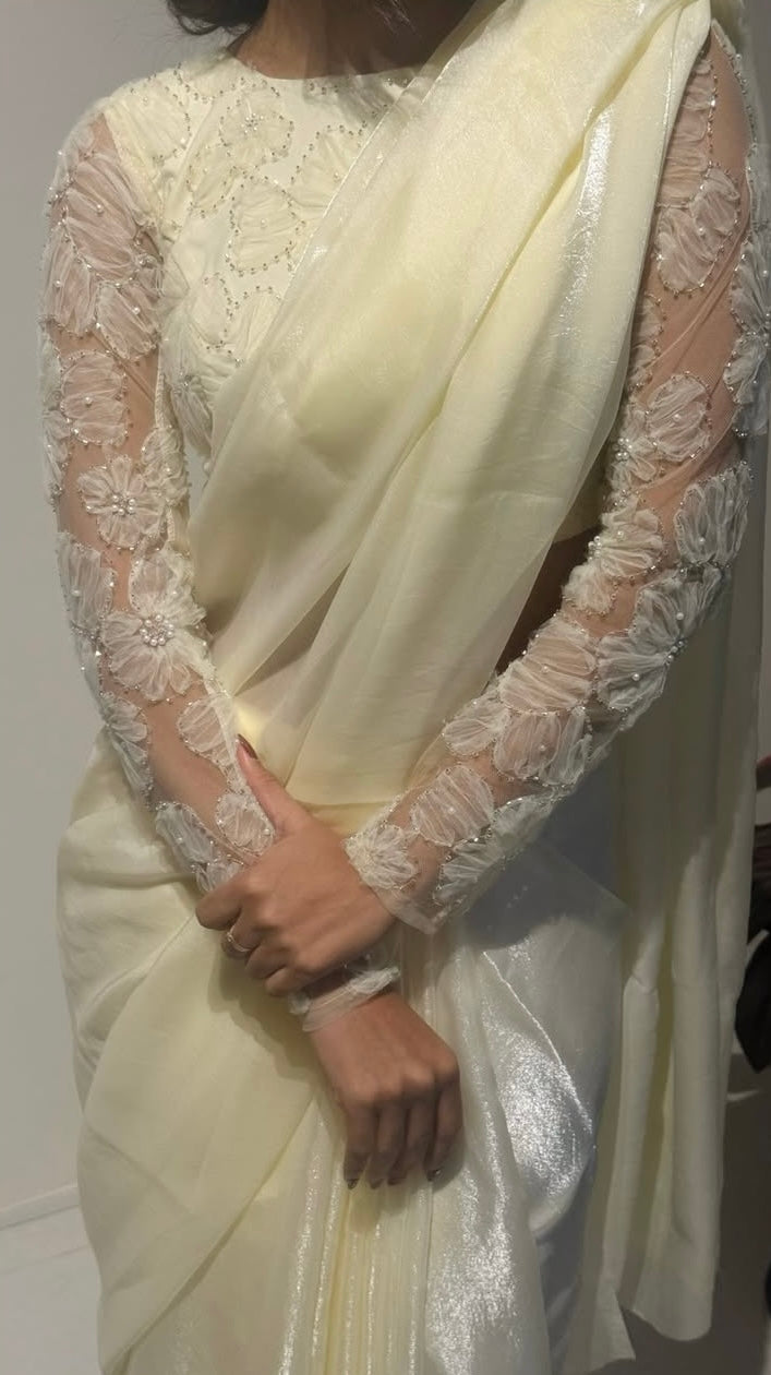 CREAM Color Premium Fendi Silk Plain Saree with Heavy Designer Blouse Piece