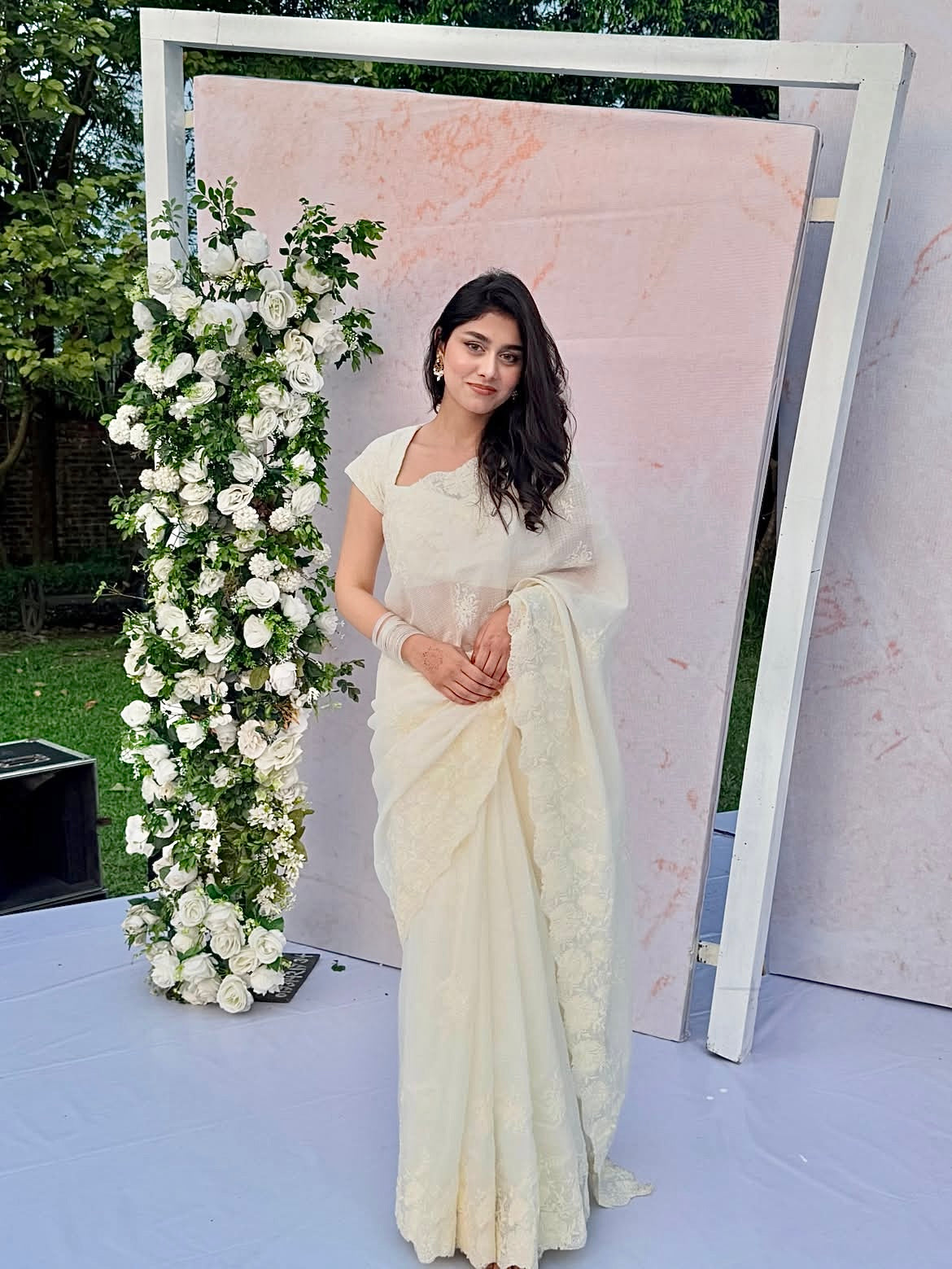 Cream White Kota Chex Embroidery Saree