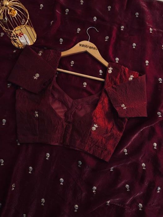 DEEP MAROON Color Stardust Satin Saree Dual Shaded Sequins Jari Butti Work Allover the saree
