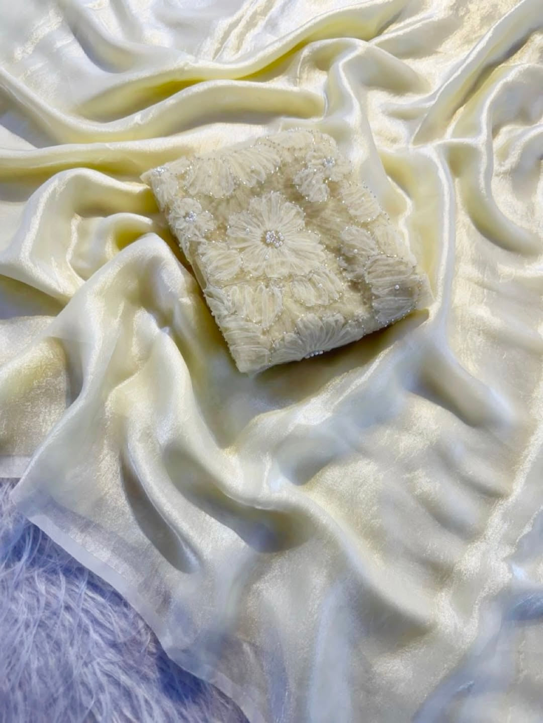 CREAM Color Premium Fendi Silk Plain Saree with Heavy Designer Blouse Piece