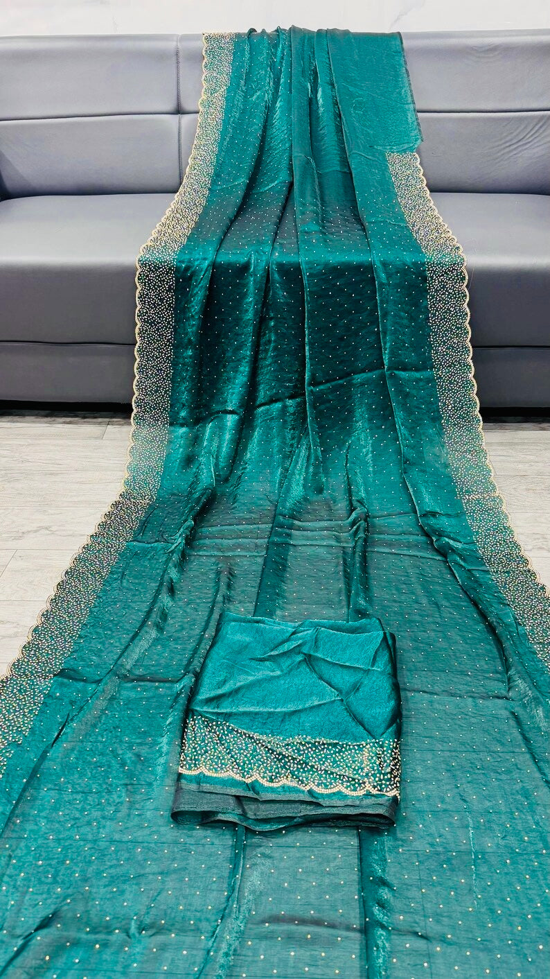 MORPICH Color Soft & Smooth Space Silk Saree with handwork & Swarovski work