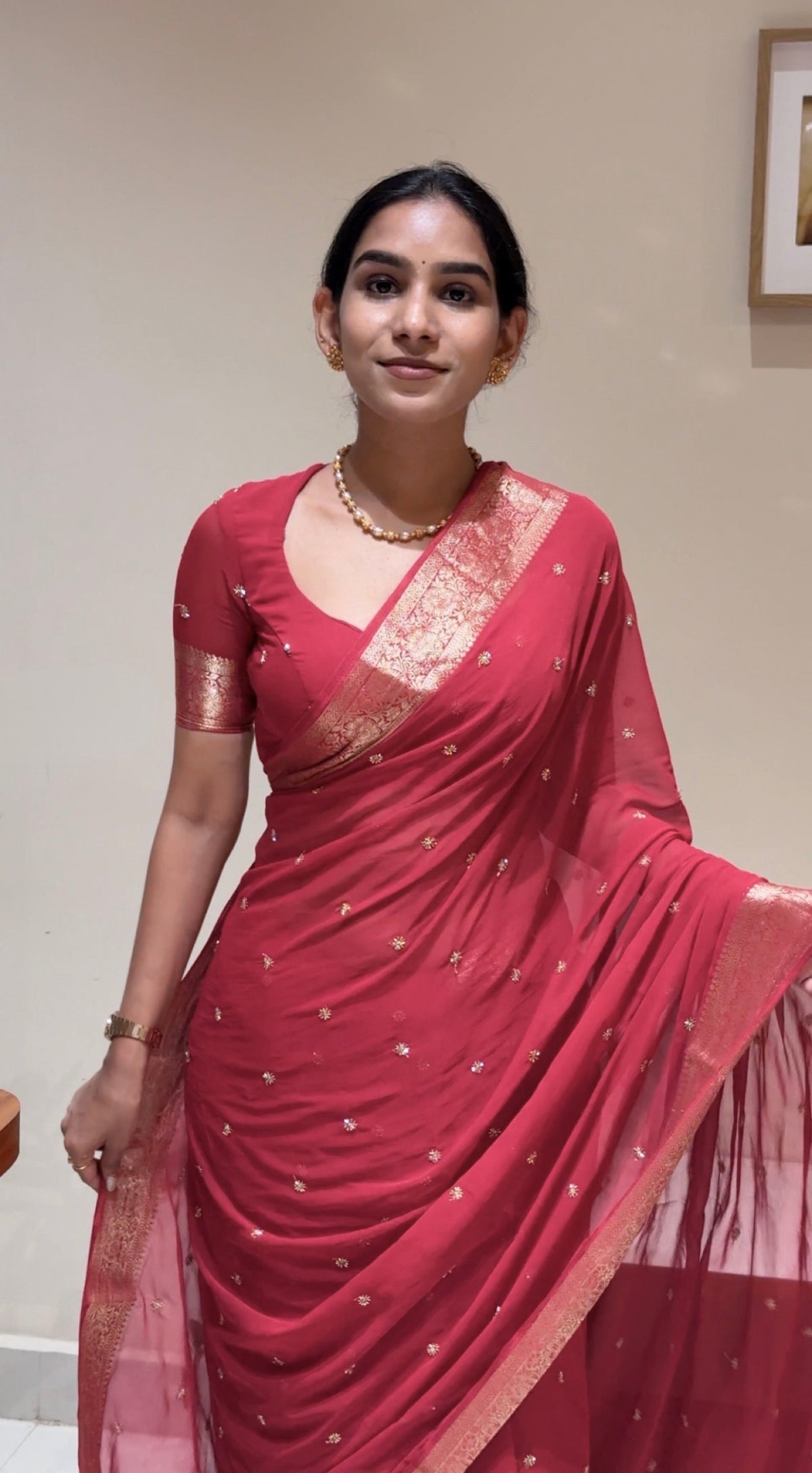Raspberry Red Color Chiffon Saree
