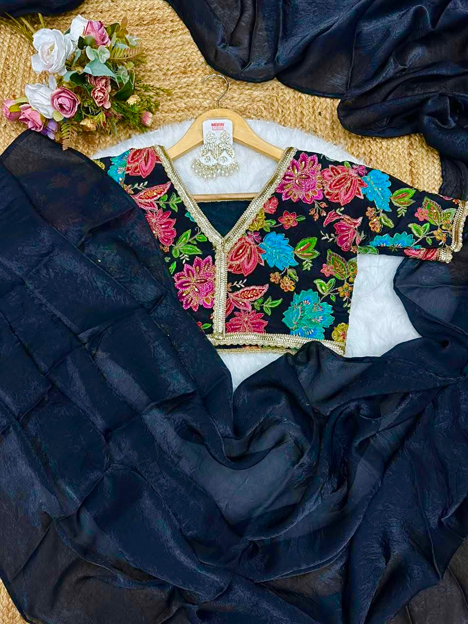 JET BLACK Color Fendi Silk Saree with Vibrant Multicoloured Floral Embroidery Blouse Piece