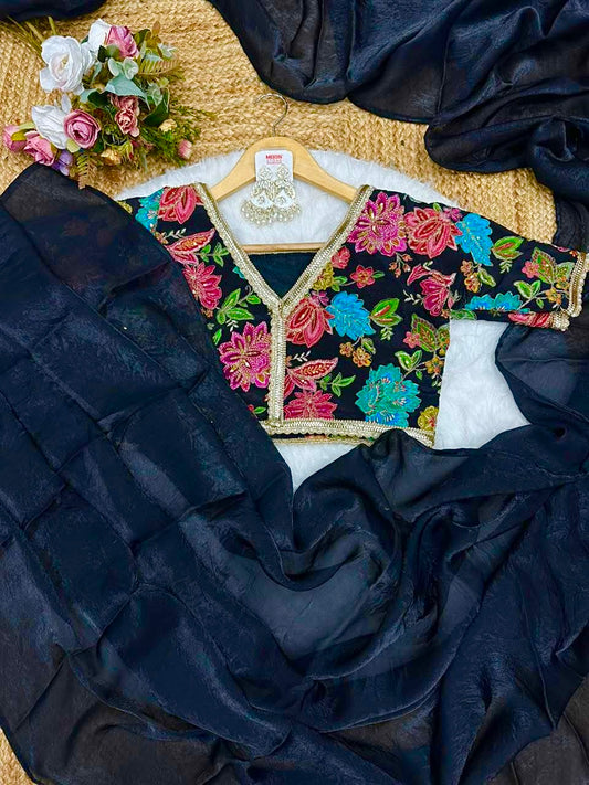 JET BLACK Color Fendi Silk Saree with Vibrant Multicoloured Floral Embroidery Blouse Piece