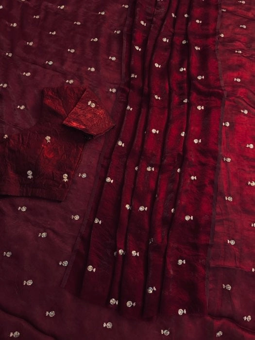 DEEP MAROON Color Stardust Satin Saree Dual Shaded Sequins Jari Butti Work Allover the saree