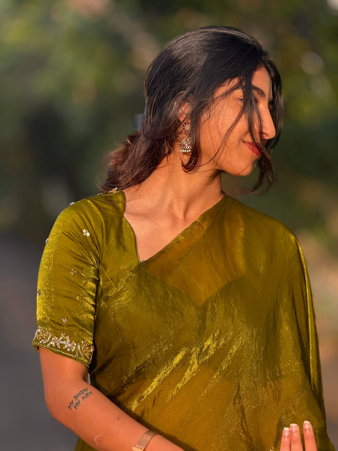 Olive Tone green space silk saree