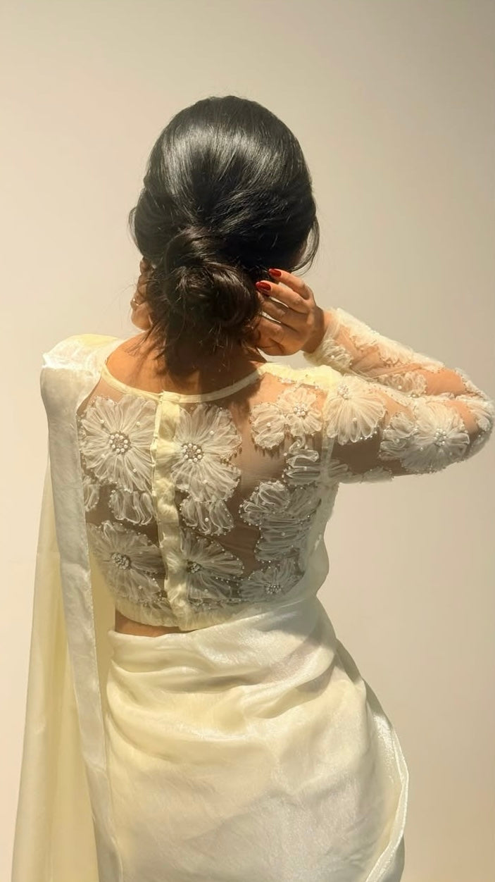 CREAM Color Premium Fendi Silk Plain Saree with Heavy Designer Blouse Piece