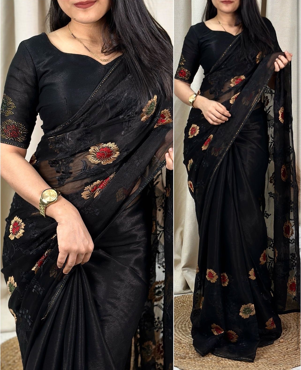Chiffon Saree With Embroidery and Swarovski Work Saree
