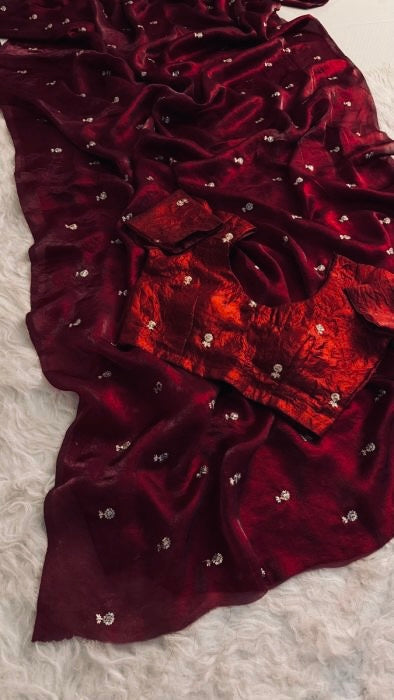 DEEP MAROON Color Stardust Satin Saree Dual Shaded Sequins Jari Butti Work Allover the saree