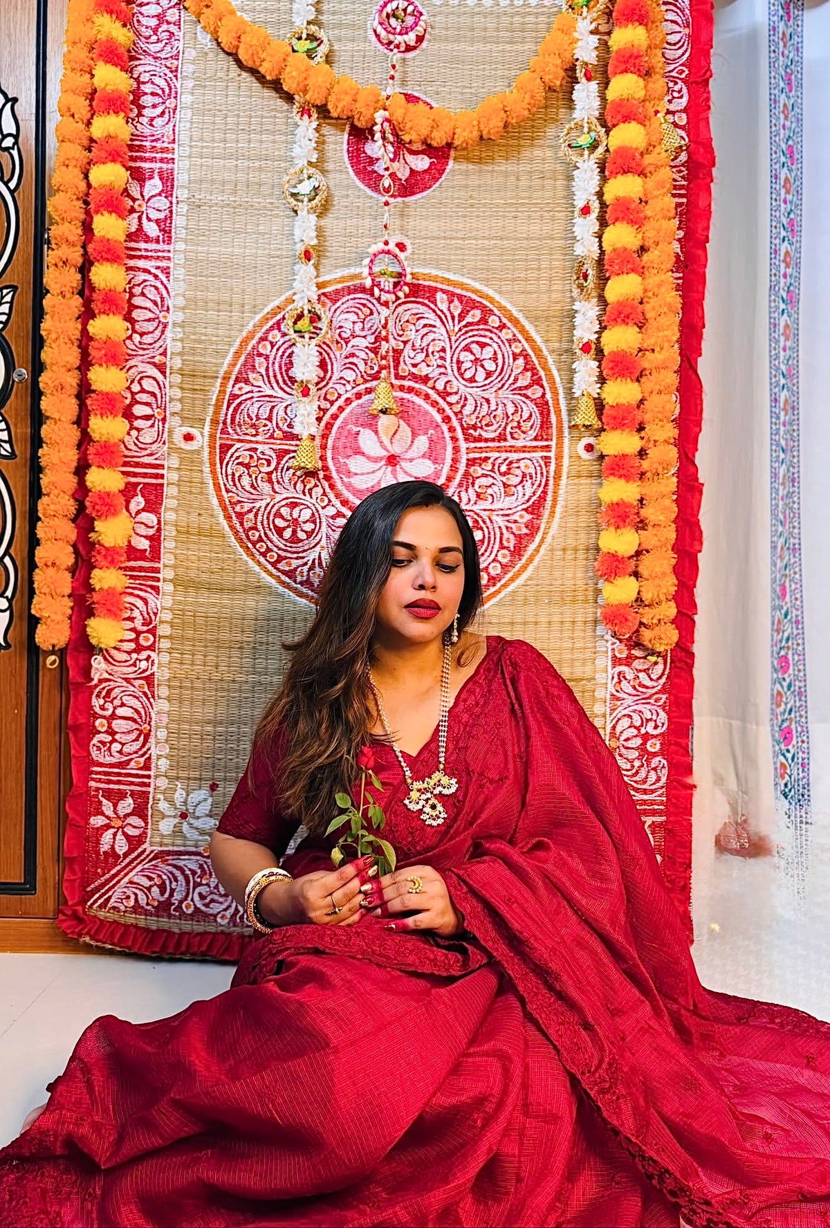 RUBY RED Industrial Kota Chex Embroidery Saree