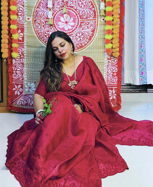 RUBY RED Industrial Kota Chex Embroidery Saree