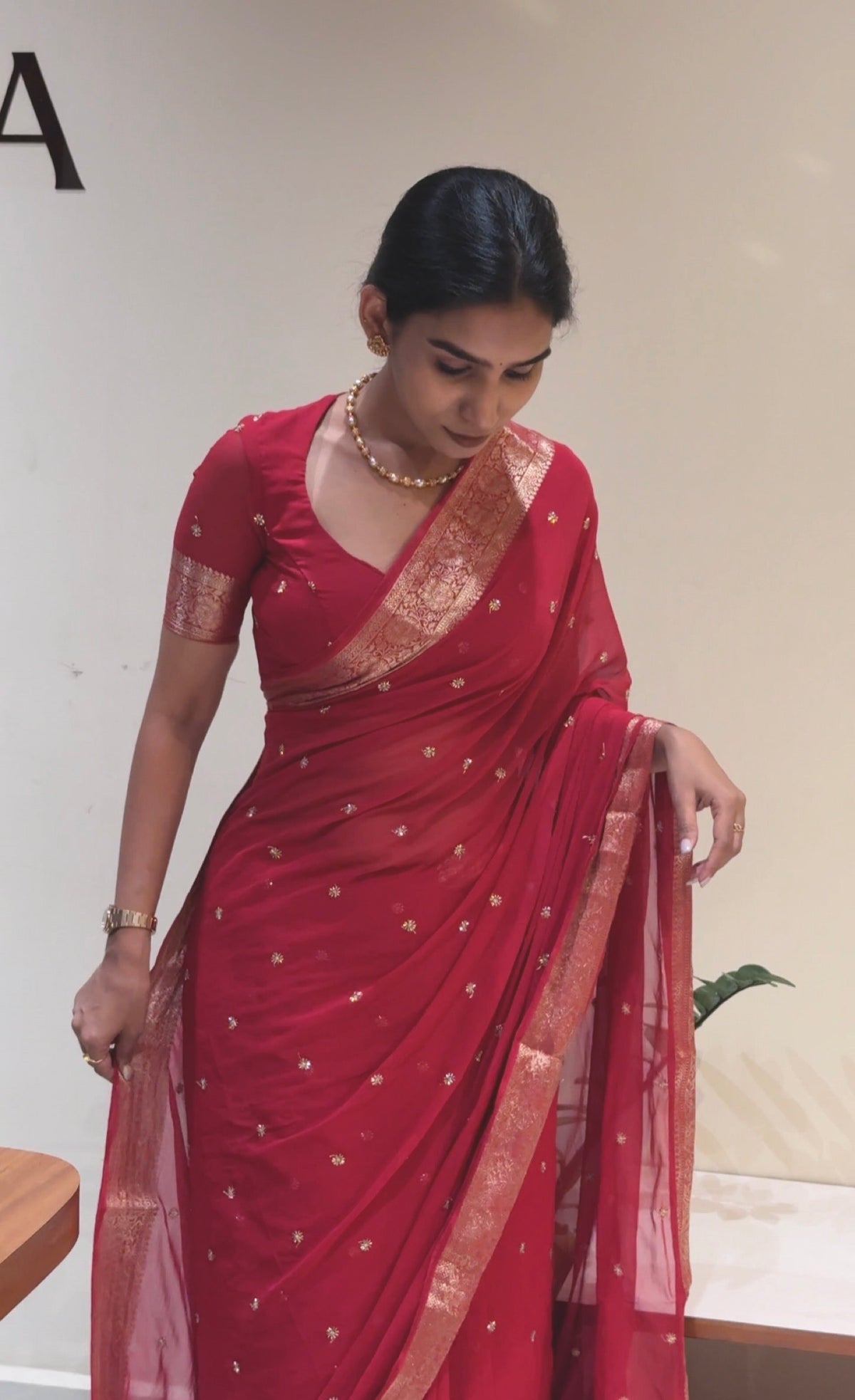 Raspberry Red Color Chiffon Saree