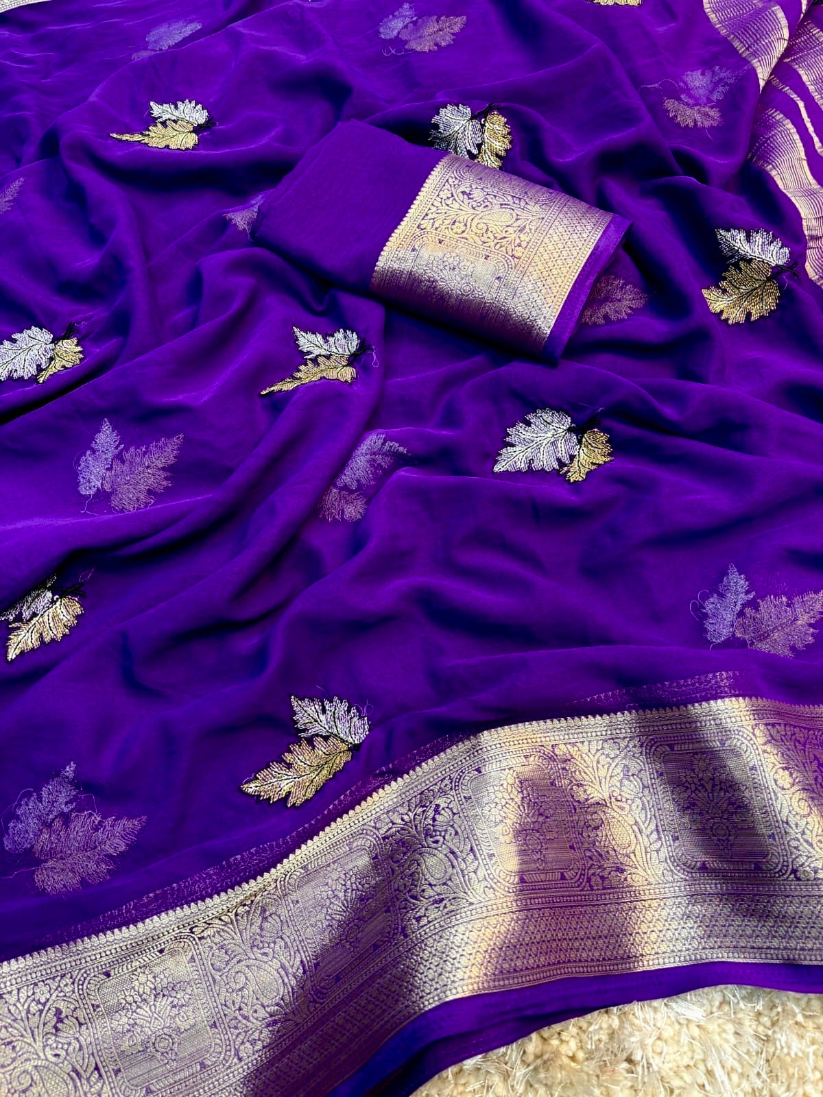 Pure Chiffon Embroidery Work Saree With Zari Weaving Border