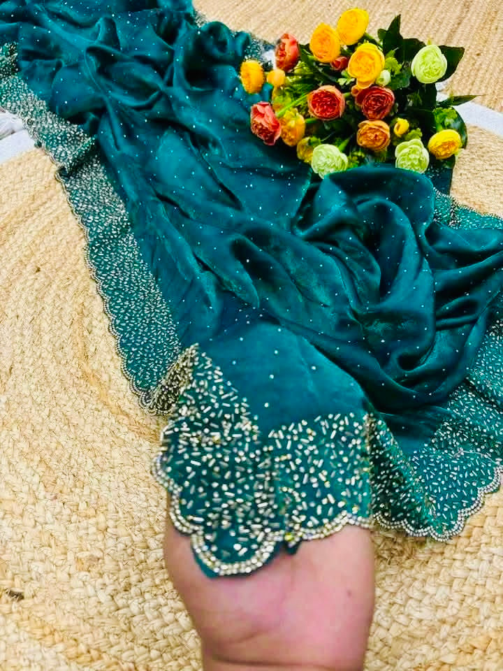 MORPICH Color Soft & Smooth Space Silk Saree with handwork & Swarovski work