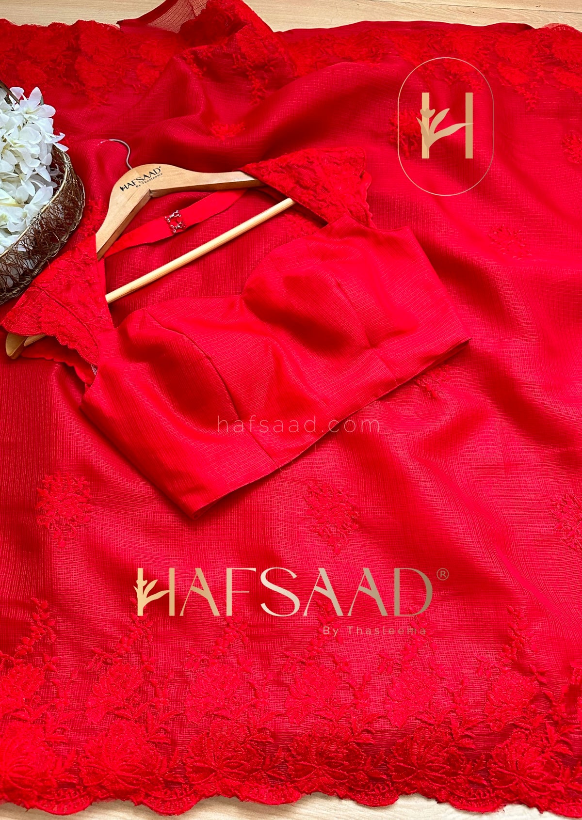 Premium Kota Silk Saree with embroidery work & with blouse piece (Vermilion Red)