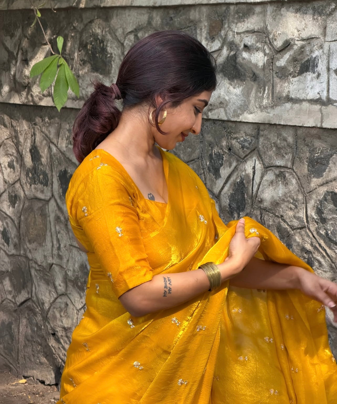 MUSTARD YELLOW Color Stardust Satin Saree