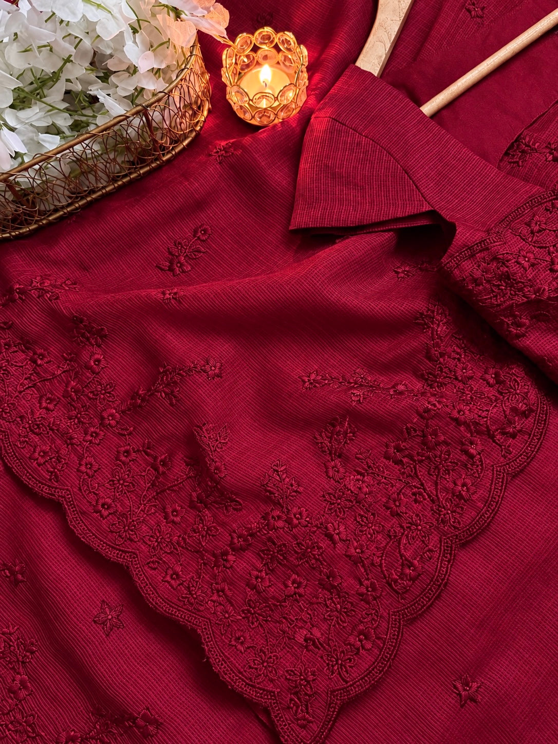 RUBY RED Industrial Kota Chex Embroidery Saree