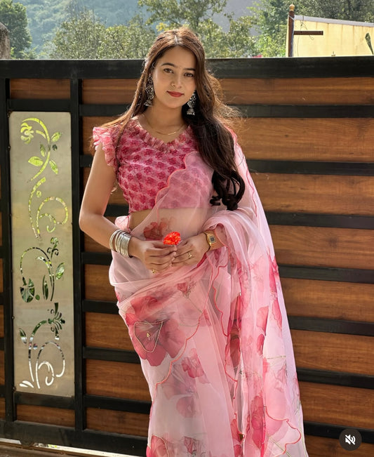 Peachy Pink Color Organza Saree with Pearl work Aacro Border and Khatli Work