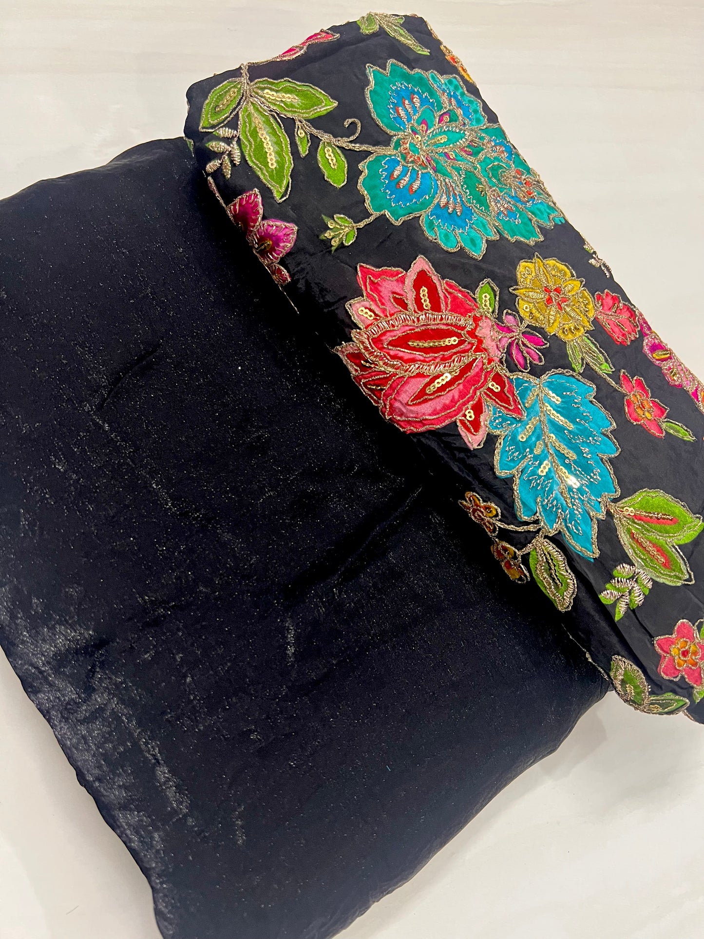 JET BLACK Color Fendi Silk Saree with Vibrant Multicoloured Floral Embroidery Blouse Piece