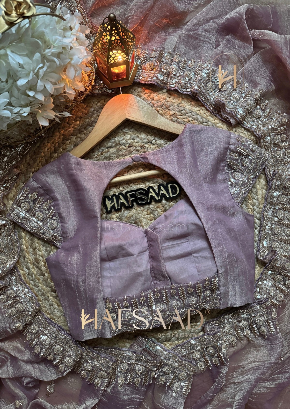 THISTLE PURPLE Tissue Silk Saree with antique gold and champagne-toned Works