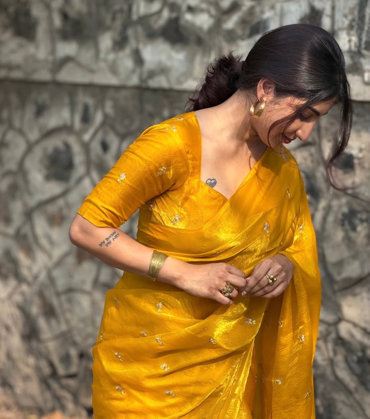 MUSTARD YELLOW Color Stardust Satin Saree