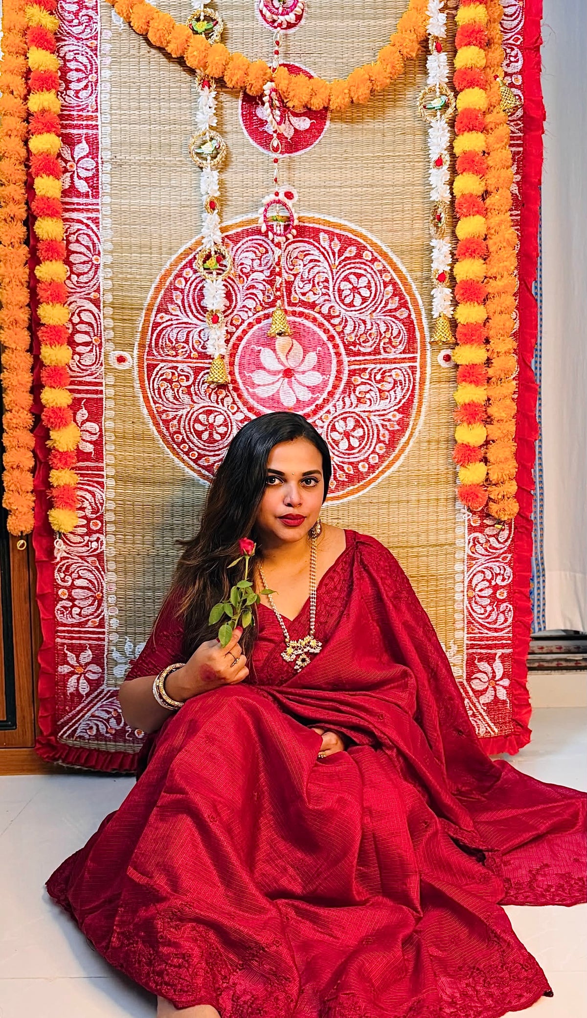 RUBY RED Industrial Kota Chex Embroidery Saree