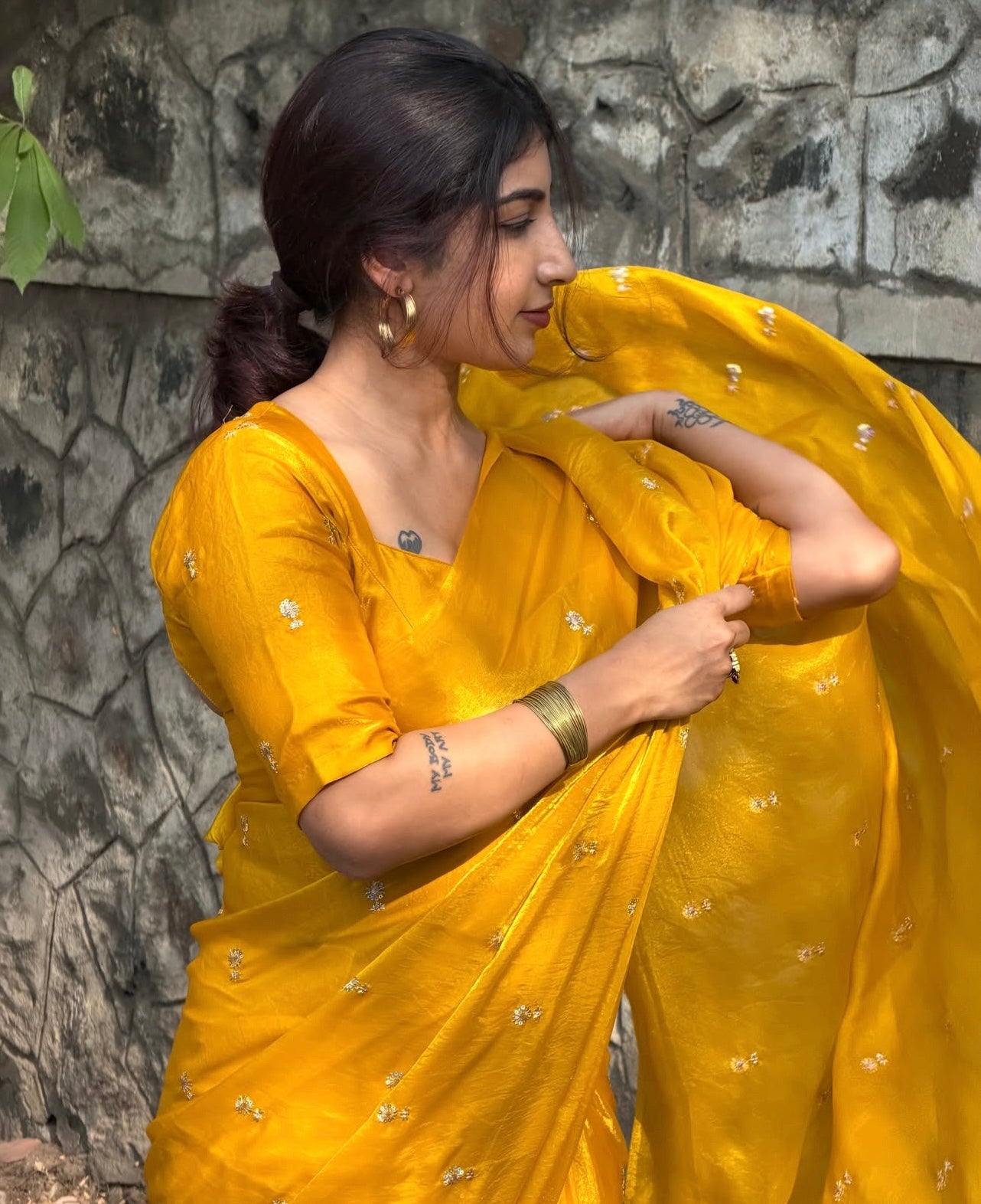 MUSTARD YELLOW Color Stardust Satin Saree