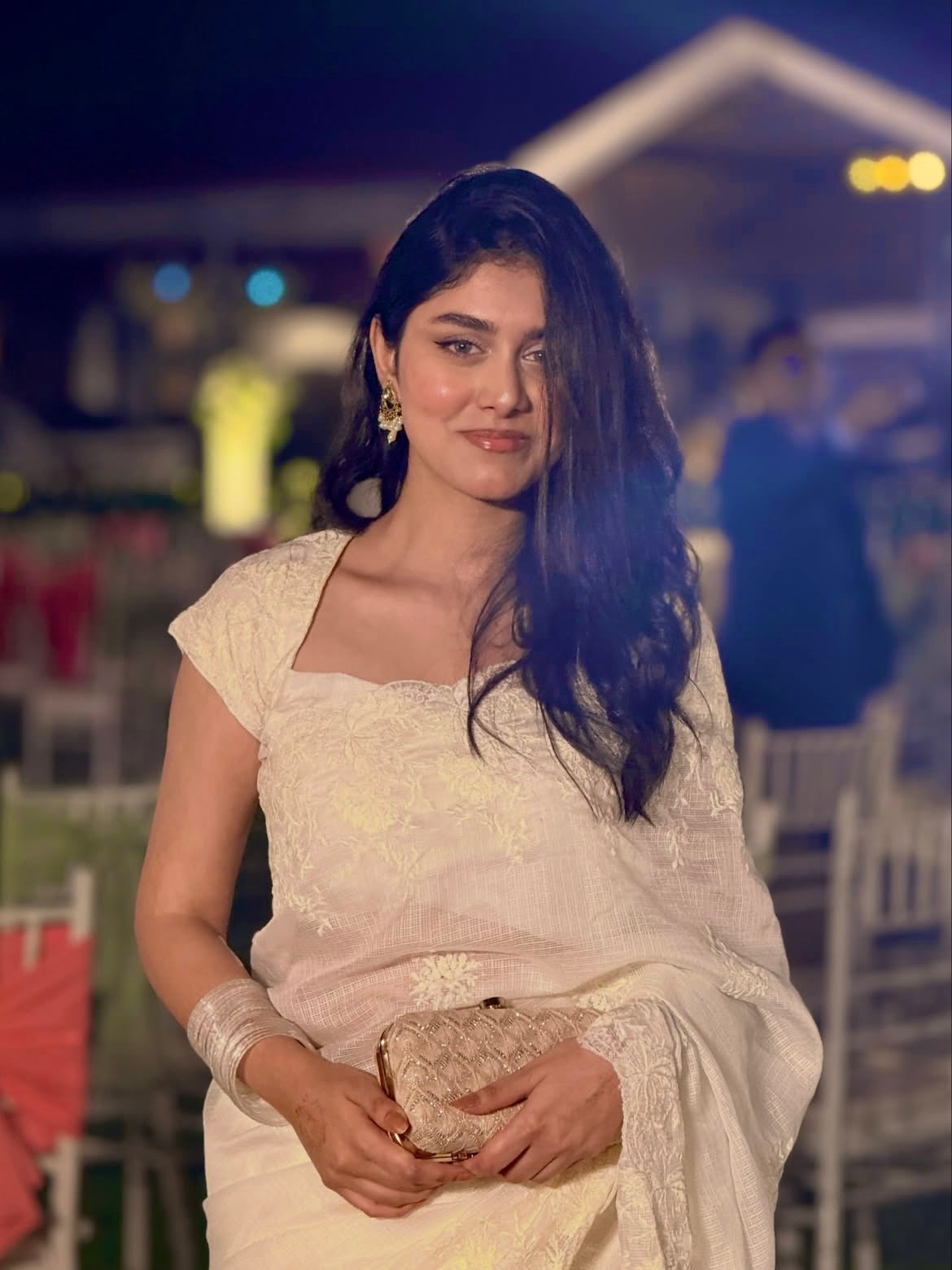Cream White Kota Chex Embroidery Saree