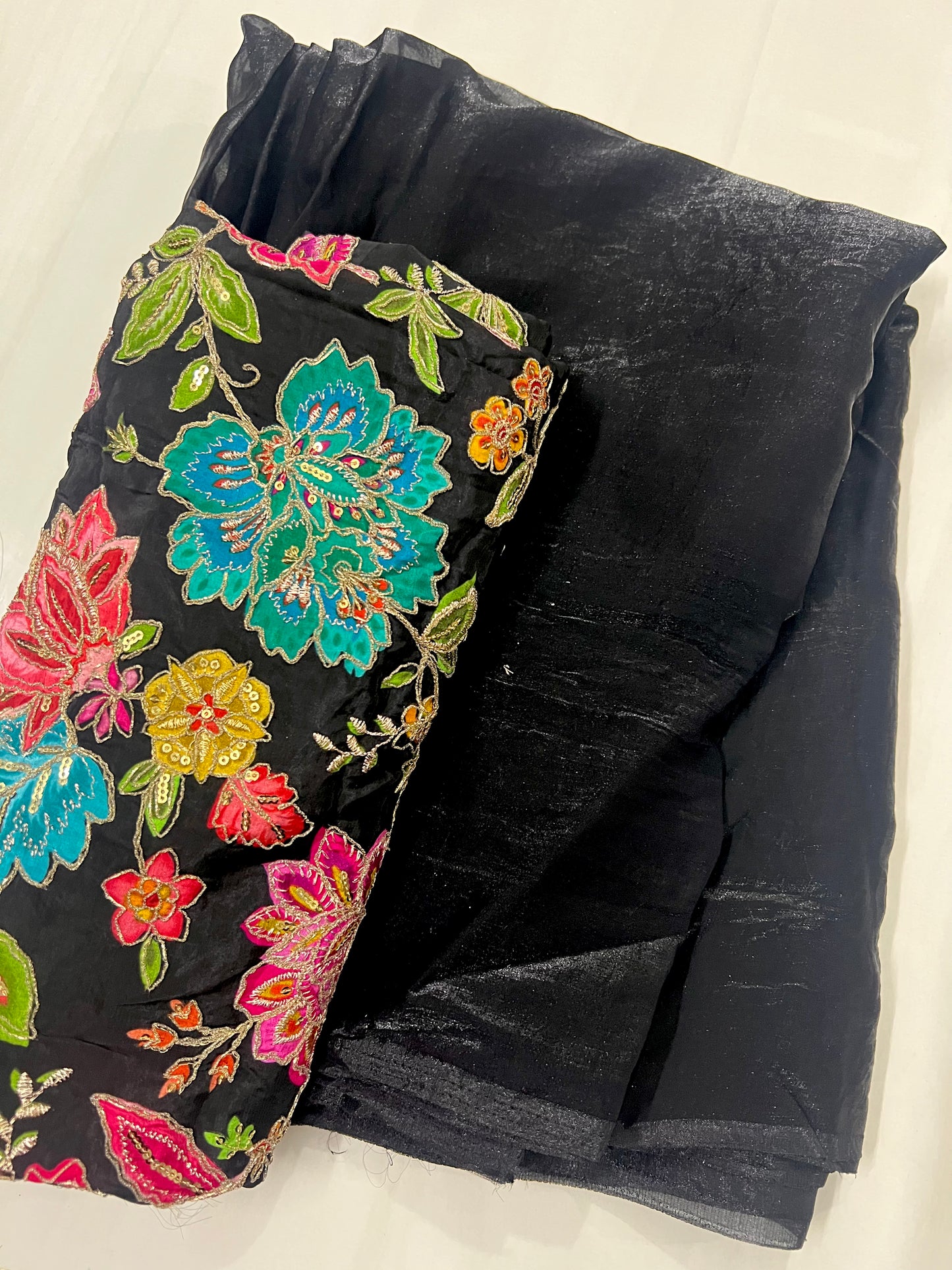 JET BLACK Color Fendi Silk Saree with Vibrant Multicoloured Floral Embroidery Blouse Piece