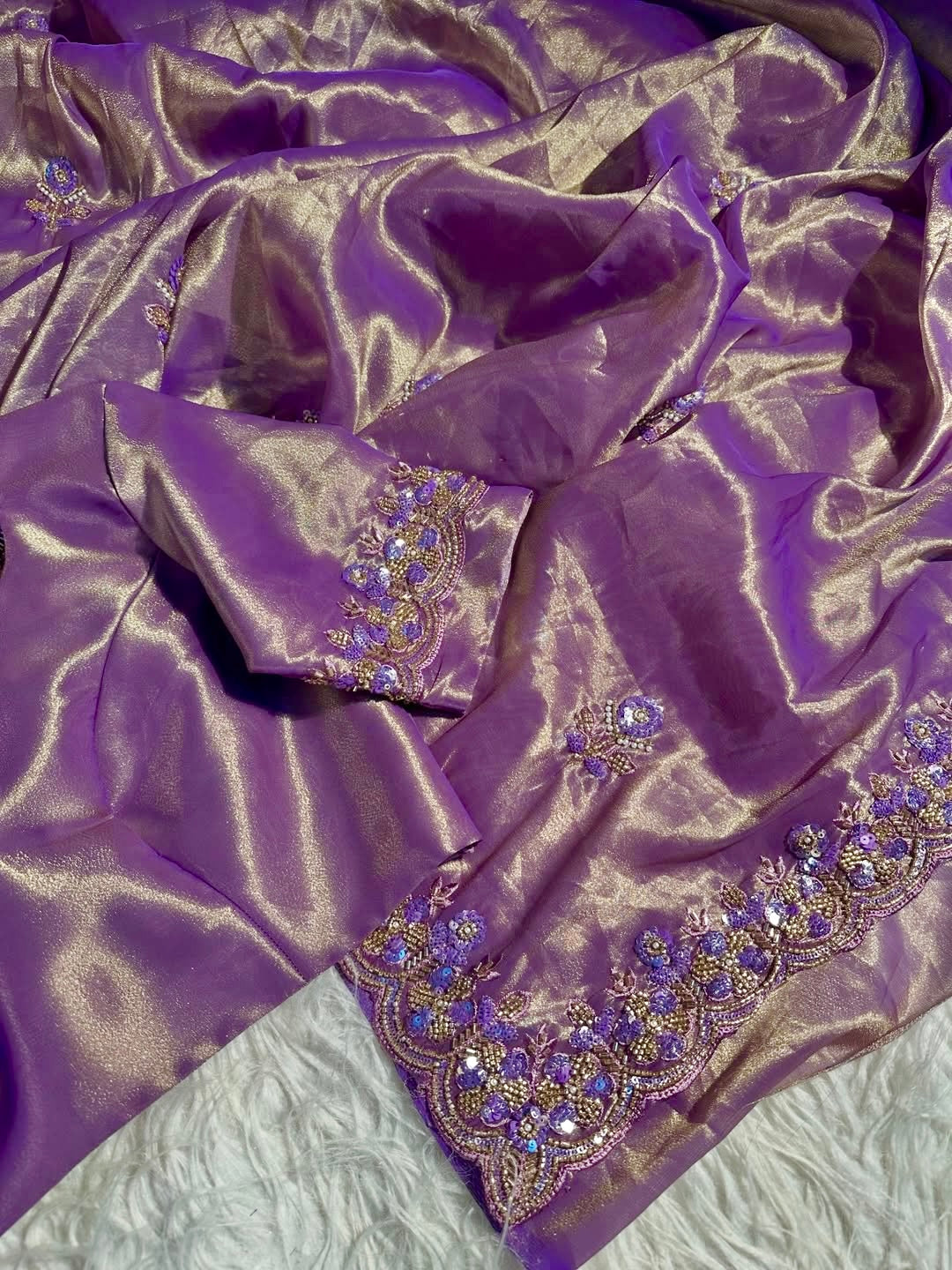 AMETHYST VIOLET Color And METALLIC GOLD Tissue Silk Dual Toned Saree