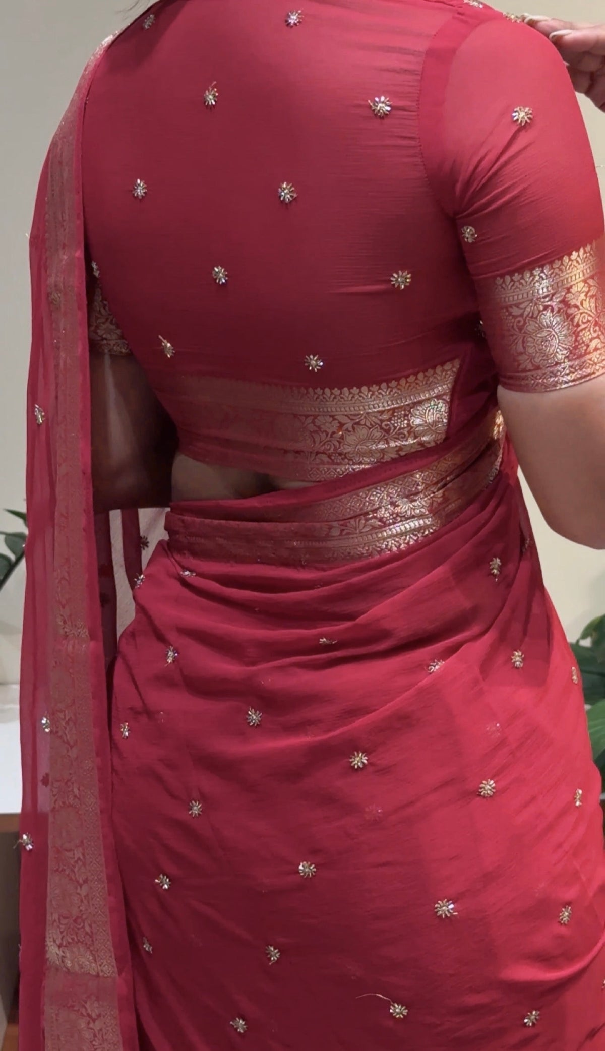 Raspberry Red Color Chiffon Saree