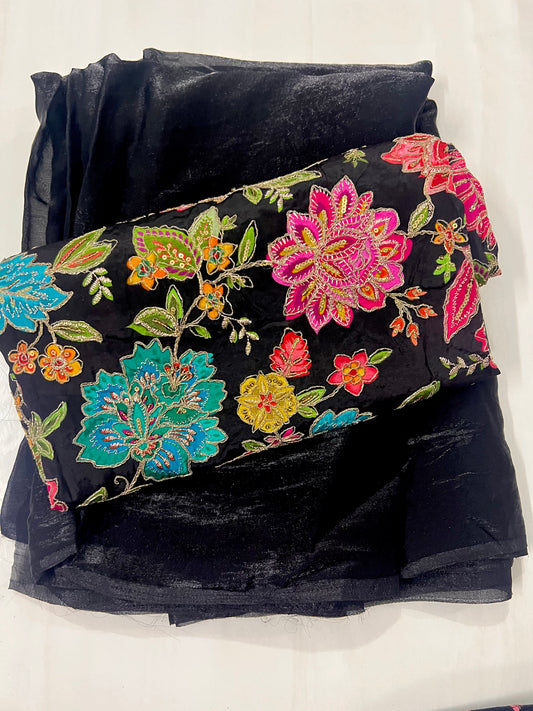 JET BLACK Color Fendi Silk Saree with Vibrant Multicoloured Floral Embroidery Blouse Piece