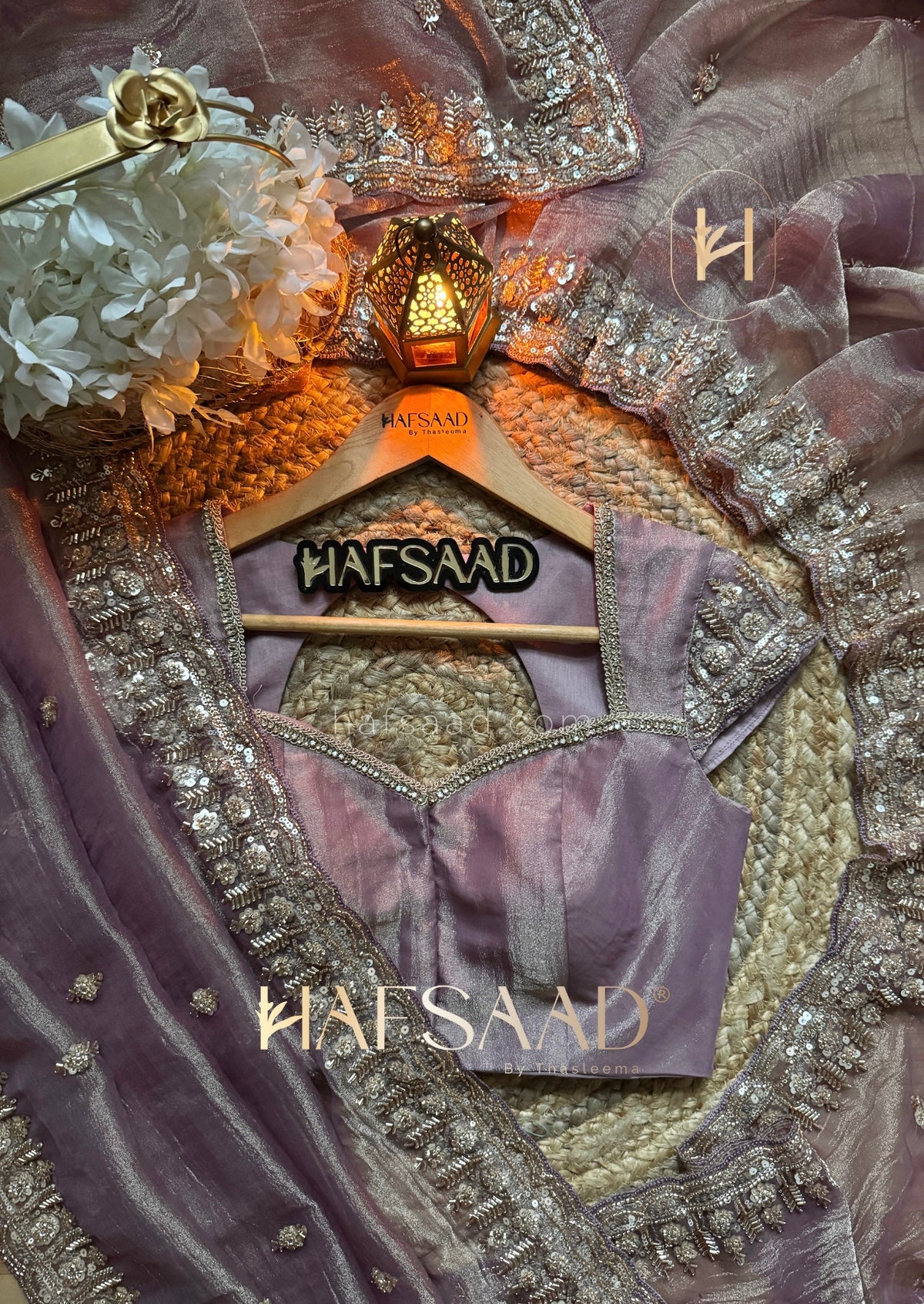 THISTLE PURPLE Tissue Silk Saree with antique gold and champagne-toned Works