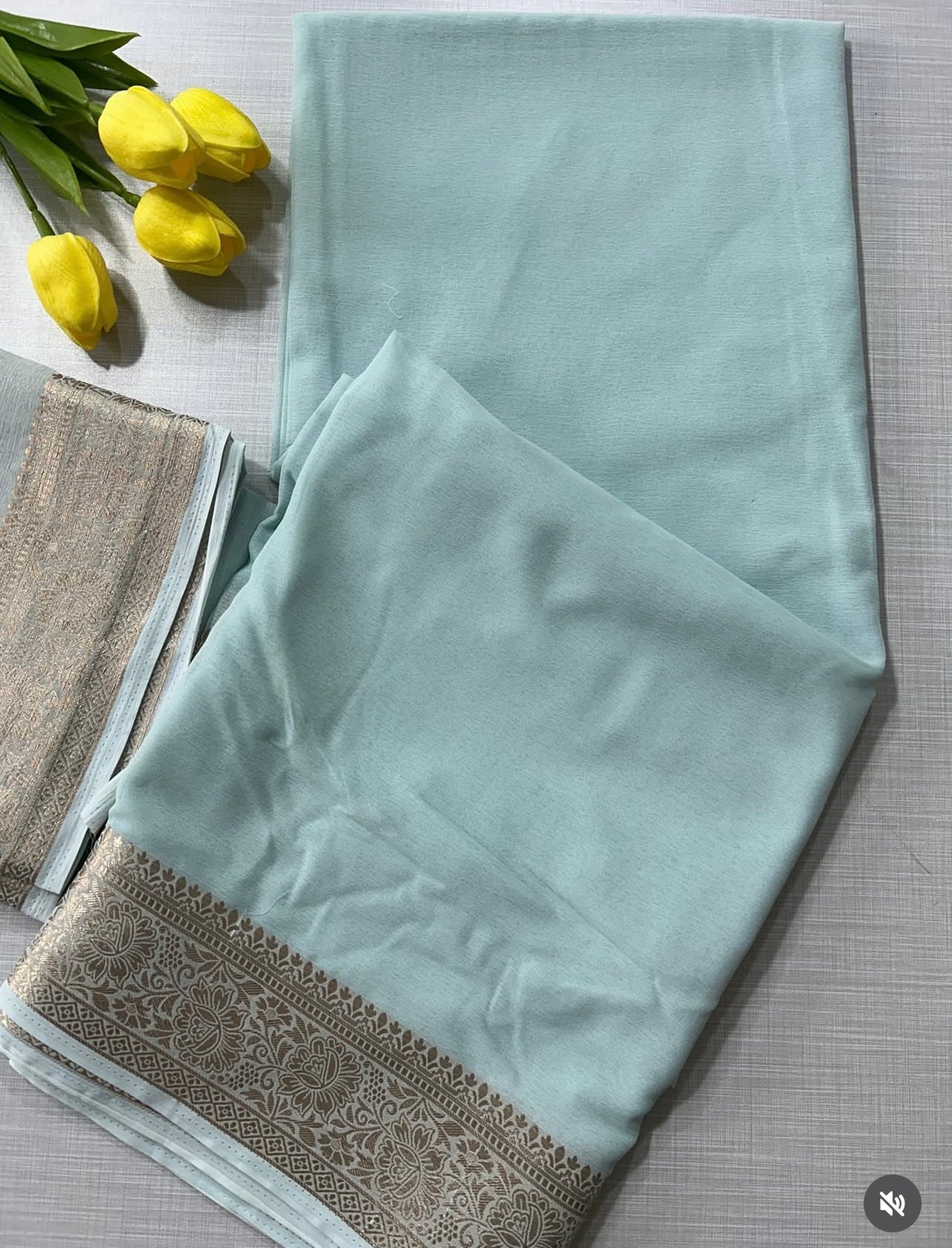 PASTEL BLUE Chiffon Saree— sheer grace with a rich golden border, timeless and powerful
