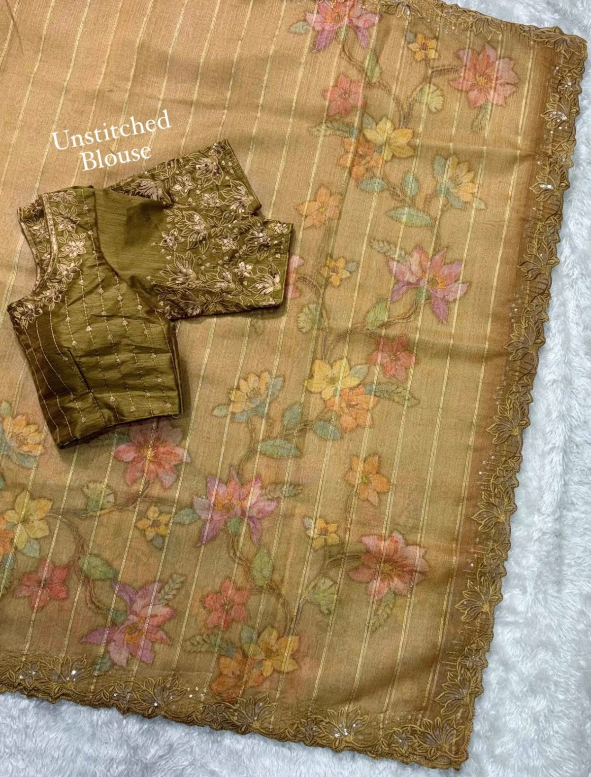 MUTED ANTIQUE GOLD Color Glass Organza Saree, adorned with intricate sequins & thread embroidery