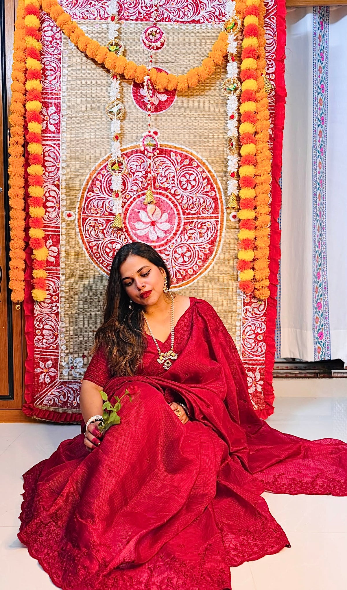 RUBY RED Industrial Kota Chex Embroidery Saree